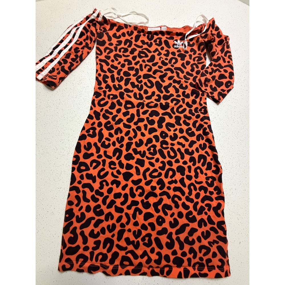 Adidas Rich Mnisi Leopard Print Off Shoulder Mini Dress Orange Black XS HC4470
